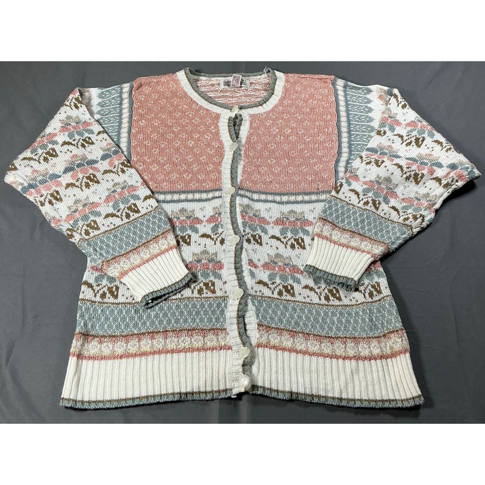Karen Scott Women Pastel Floral Knit Cardigan Sweater Pink Sage Medium Vintage